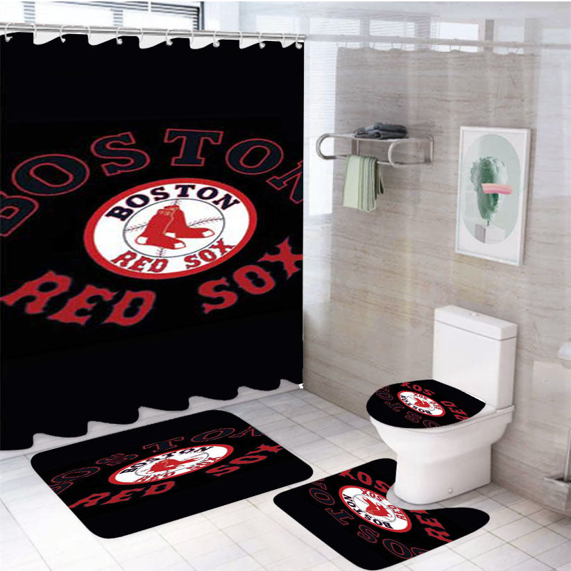 Boston Red Sox Logos On Blk 4Pcs Bathroom Set Shower Curtain