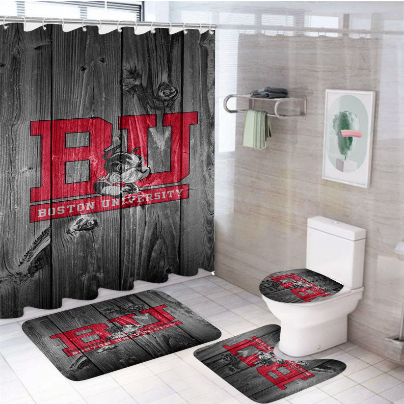 Boston University Logo Dark Wood Wallpaper 4Pcs Bathroom Set Shower Curtain