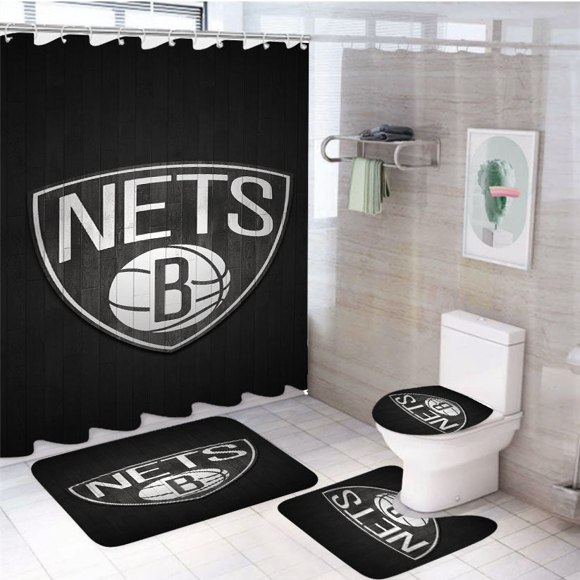 Brooklyn Nets Wood Logo 4Pcs Bathroom Set Shower Curtain