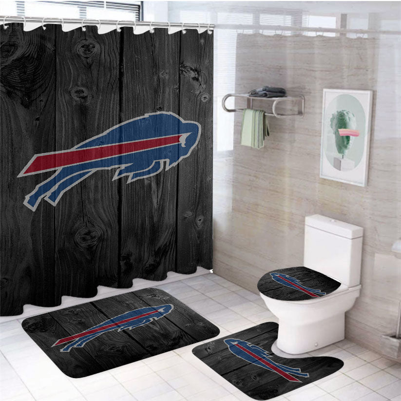 Buffalo Bills Nfl Logo Dark Wood Wallpaper 4Pcs Bathroom Set Shower Curtain