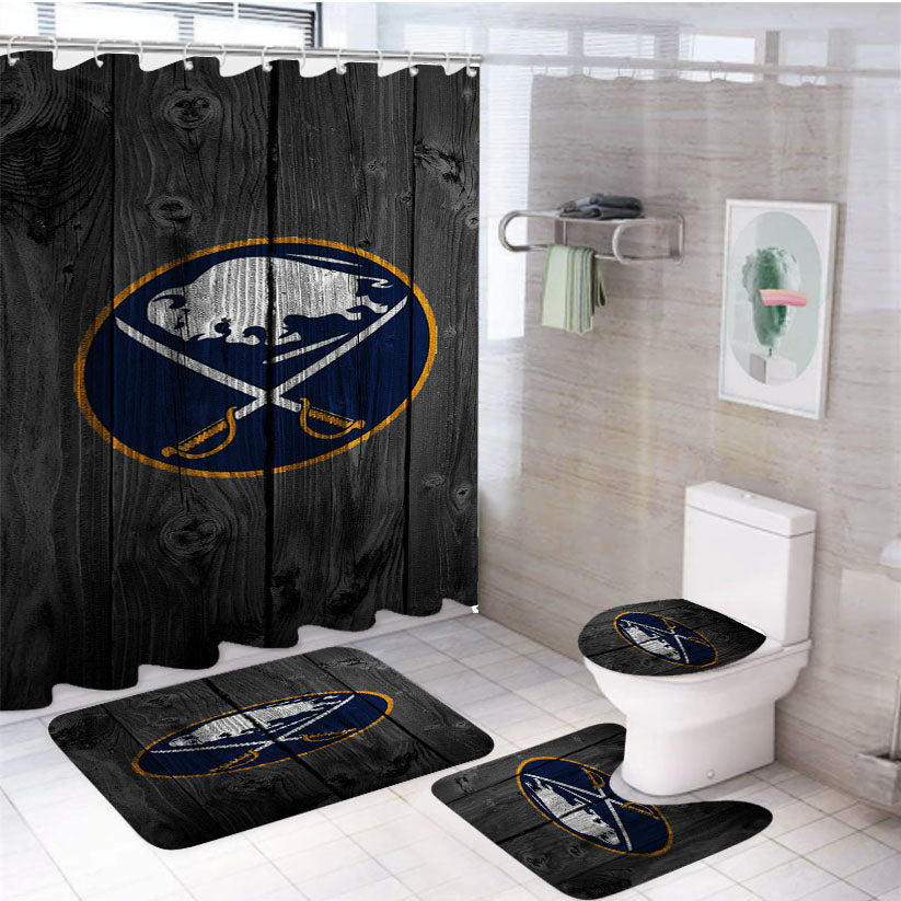 Buffalo Sabres Nhl Logo Dark Wood Wallpaper 4Pcs Bathroom Set Shower Curtain