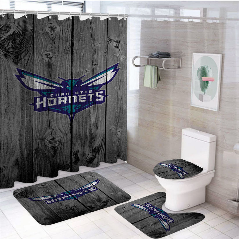 Charlotte Hornets Nba Logo Dark Wood Wallpaper 4Pcs Bathroom Set Shower Curtain