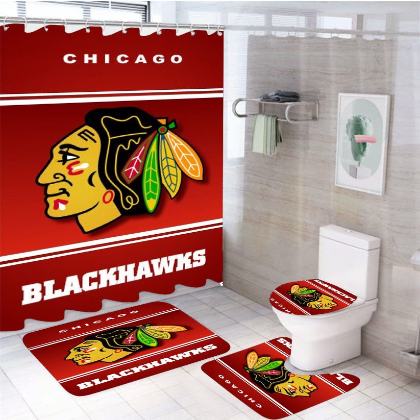 Chicago Blackhawks Nhl Ice Hokey 4Pcs Bathroom Set Shower Curtain