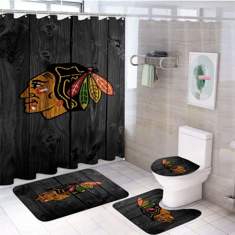 Chicago Blackhawks Nhl Logo Dark Wood Wallpaper 4Pcs Bathroom Set Shower Curtain