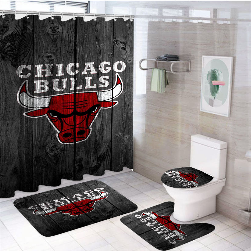 Chicago Bulls Wooden 4Pcs Bathroom Set Shower Curtain