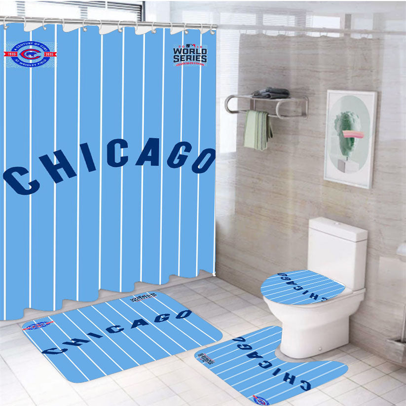 Chicago Cubs Blue Stripe 4Pcs Bathroom Set Shower Curtain