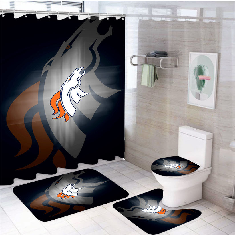 Denver Broncos Emblem And Silhouette Flag 4Pcs Bathroom Set Shower Curtain