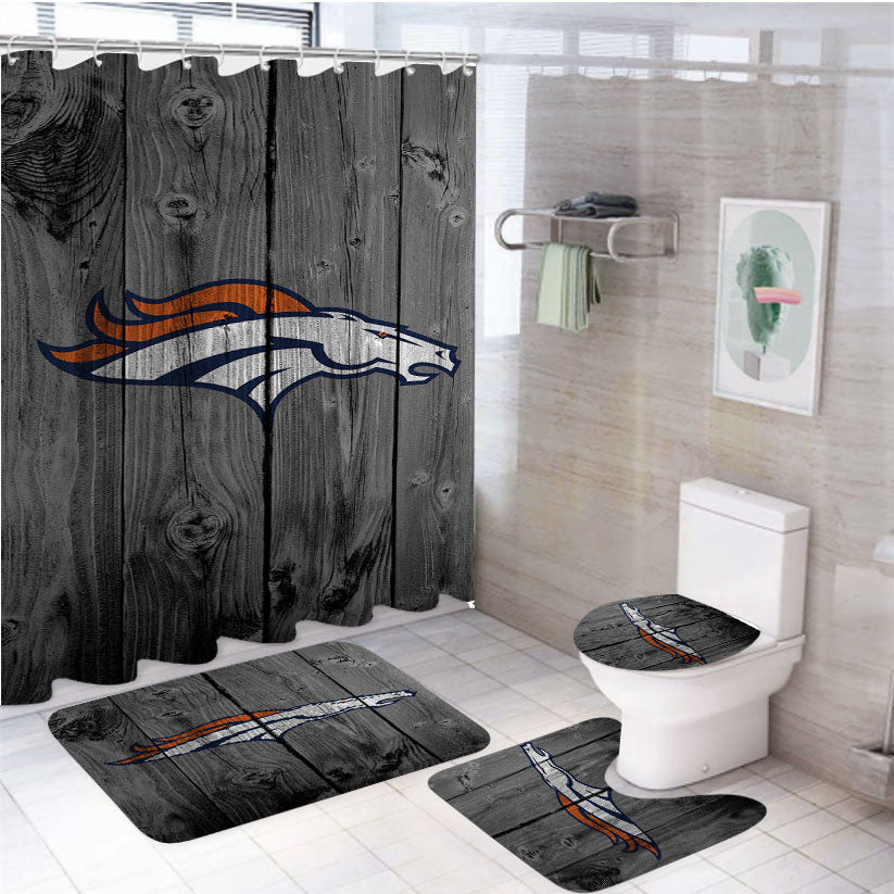 Denver Broncos Nfl Logo Dark Wood Wallpaper 4Pcs Bathroom Set Shower Curtain