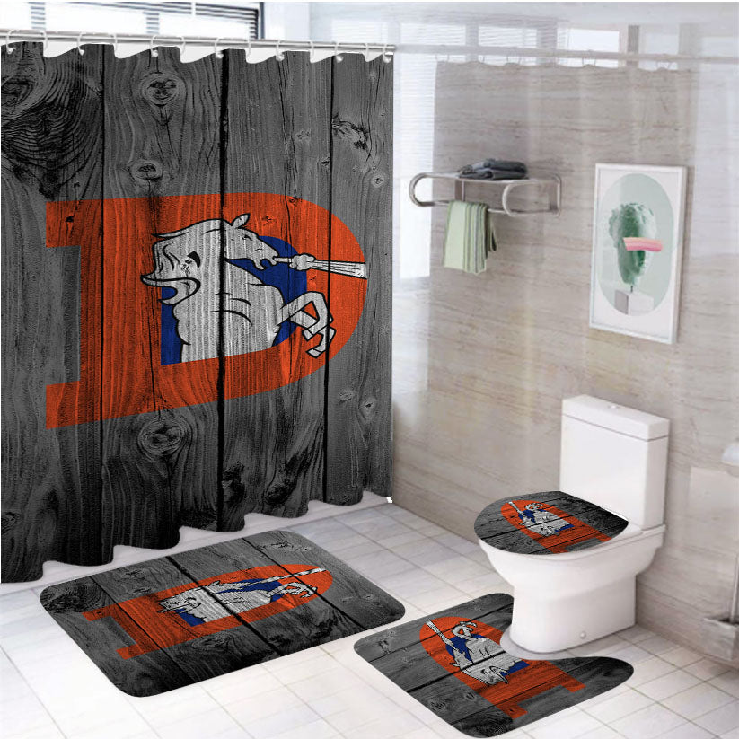 Denver Broncos Old School Logo Dark Wood Wallpaper 4Pcs Bathroom Set Shower Curtain