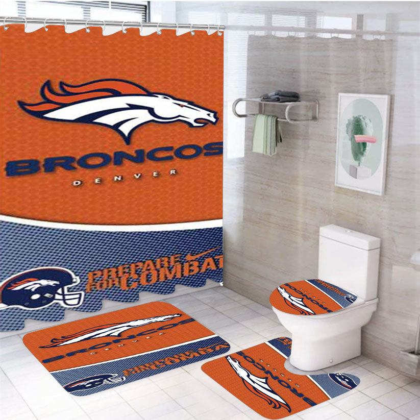 Denver Broncos Orange Blue 4Pcs Bathroom Set Shower Curtain