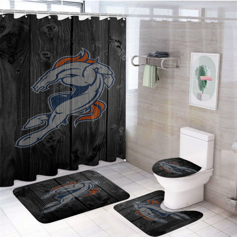Denvers Broncos Logo Dark Wood Wallpaper 4Pcs Bathroom Set Shower Curtain