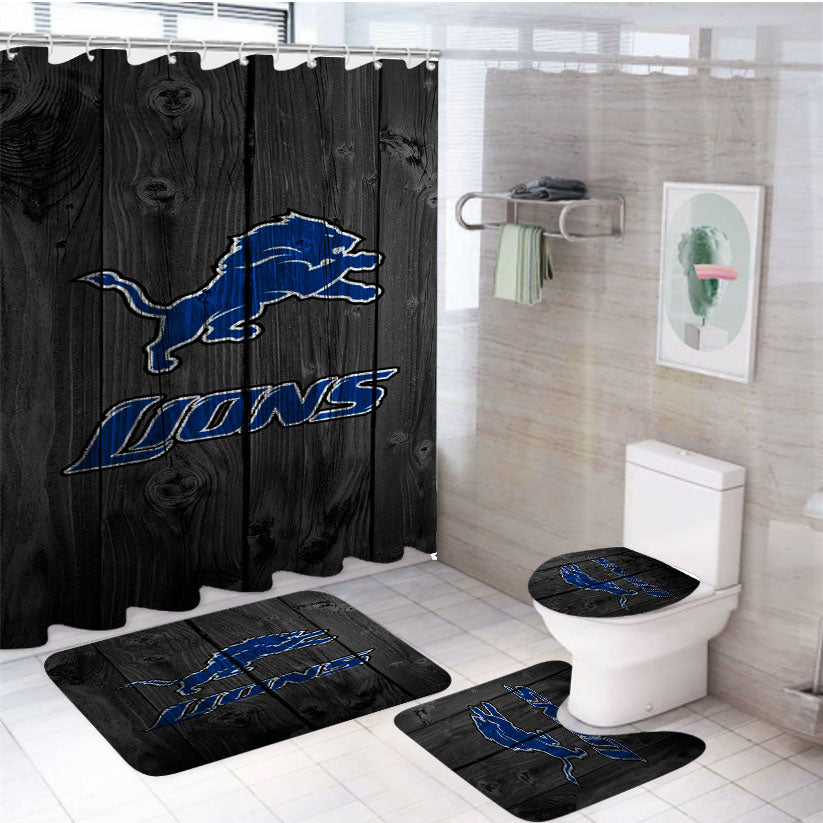 Detroit Lions Nfl Logo Dark Wood Wallpaper 4Pcs Bathroom Set Shower Curtain