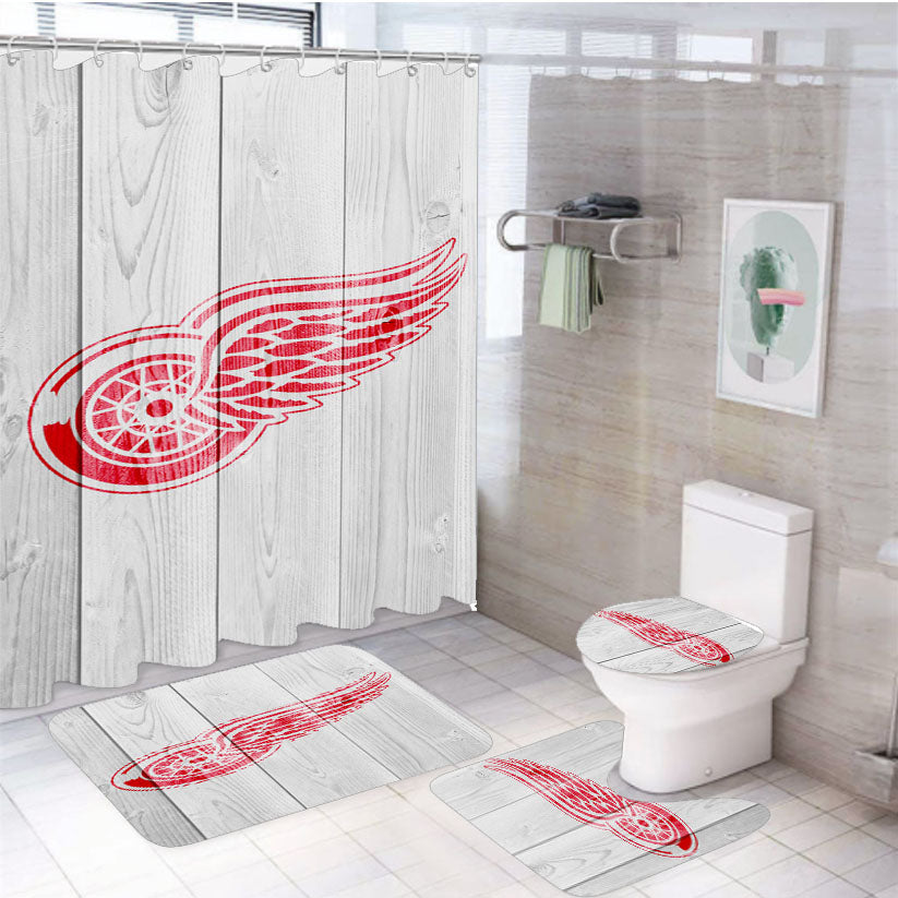 Detroit Red Wings Logo Wood Wallpaper 4Pcs Bathroom Set Shower Curtain