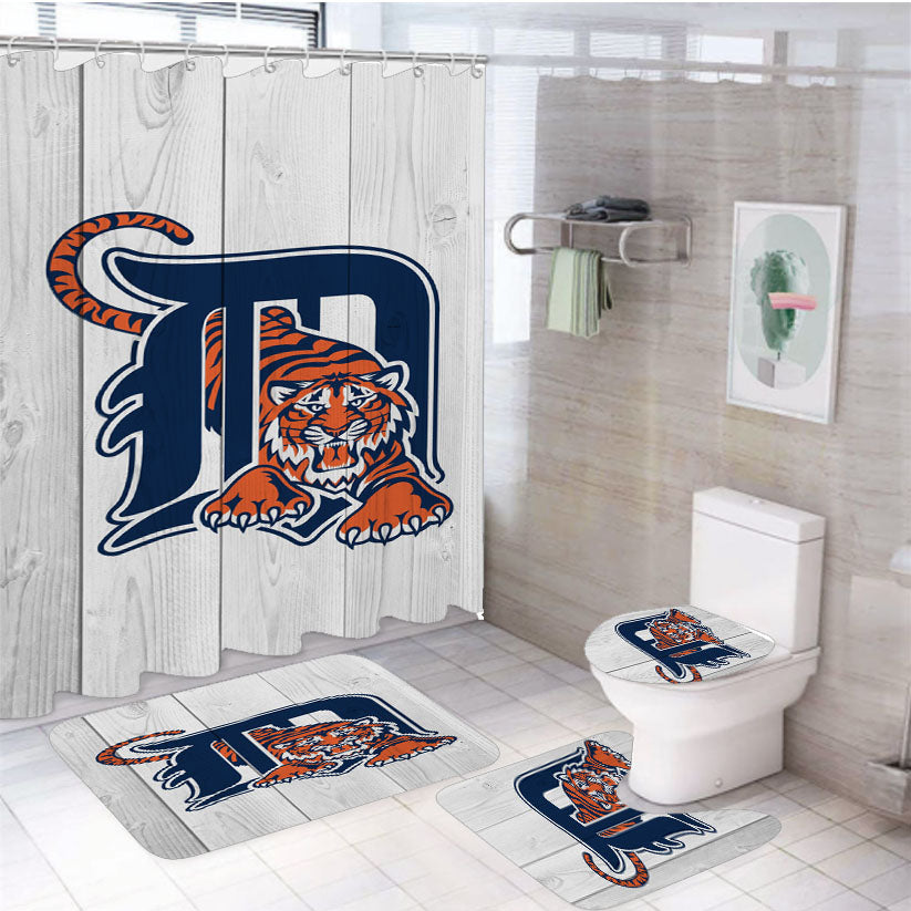 Detroit Tigers Mlb Logo White Wood Wallpaper 4Pcs Bathroom Set Shower Curtain