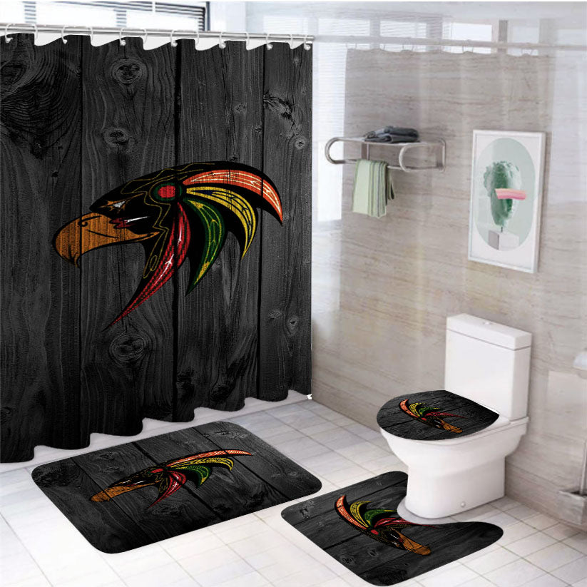 Eagle Chicago Blackhawks Logo Dark Wood Wallpaper 4Pcs Bathroom Set Shower Curtain