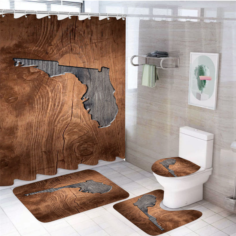Florida States Map Two Tone Wood Texture 4Pcs Bathroom Set Shower Curtain