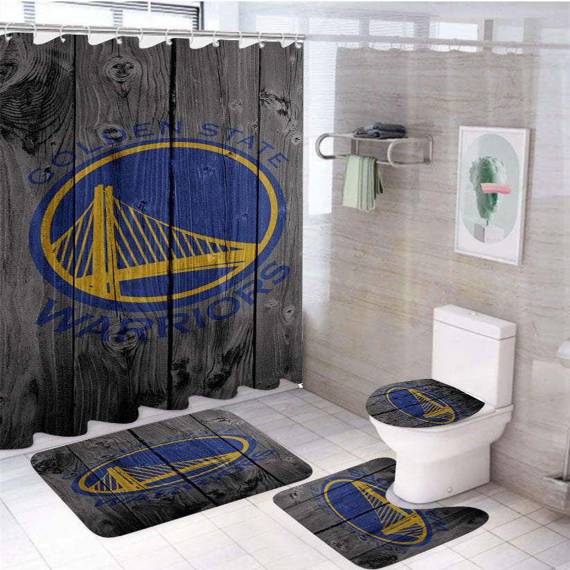 Golden State Warriors Nba Logo Dark Wood Wallpaper 4Pcs Bathroom Set Shower Curtain