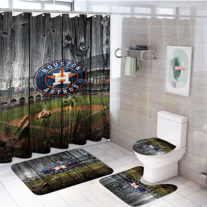 Houston Astros Mlb Stadium Logo Dark Wood Wallpaper 4Pcs Bathroom Set Shower Curtain