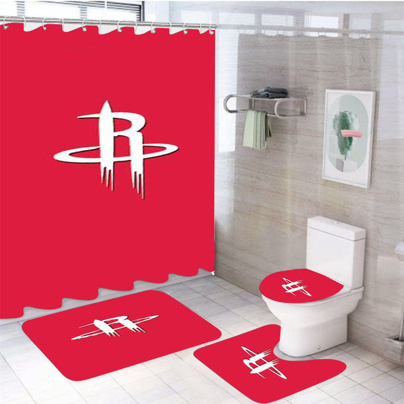 Houston Rockets Logo Over Red 4Pcs Bathroom Set Shower Curtain