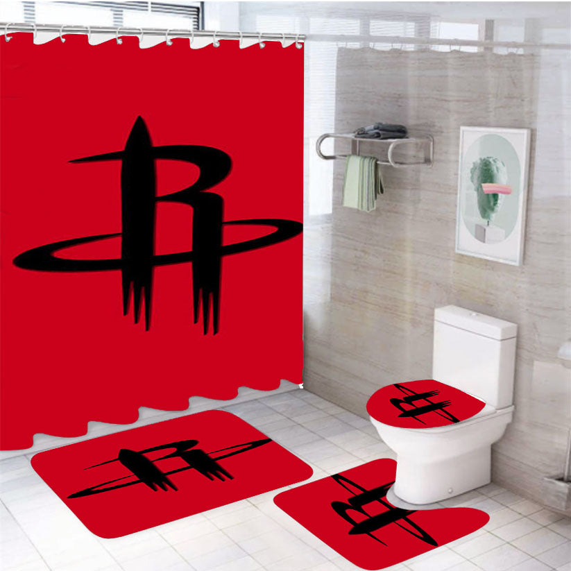 Houston Rockets Logo Red 4Pcs Bathroom Set Shower Curtain
