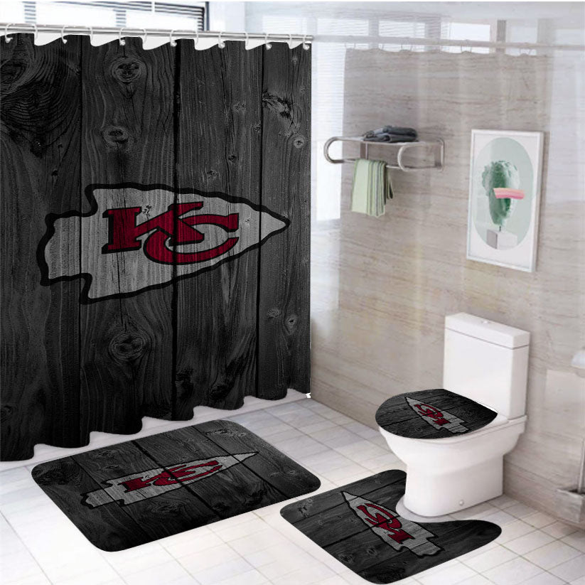 Kansas City Chiefs Nfl Logo Dark Wood Wallpaper 4Pcs Bathroom Set Shower Curtain