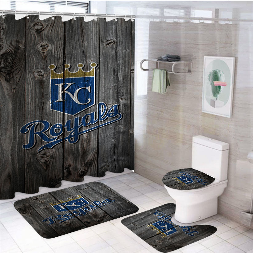 Kansas City Royals Mlb Logo Dark Wood Wallpaper 4Pcs Bathroom Set Shower Curtain