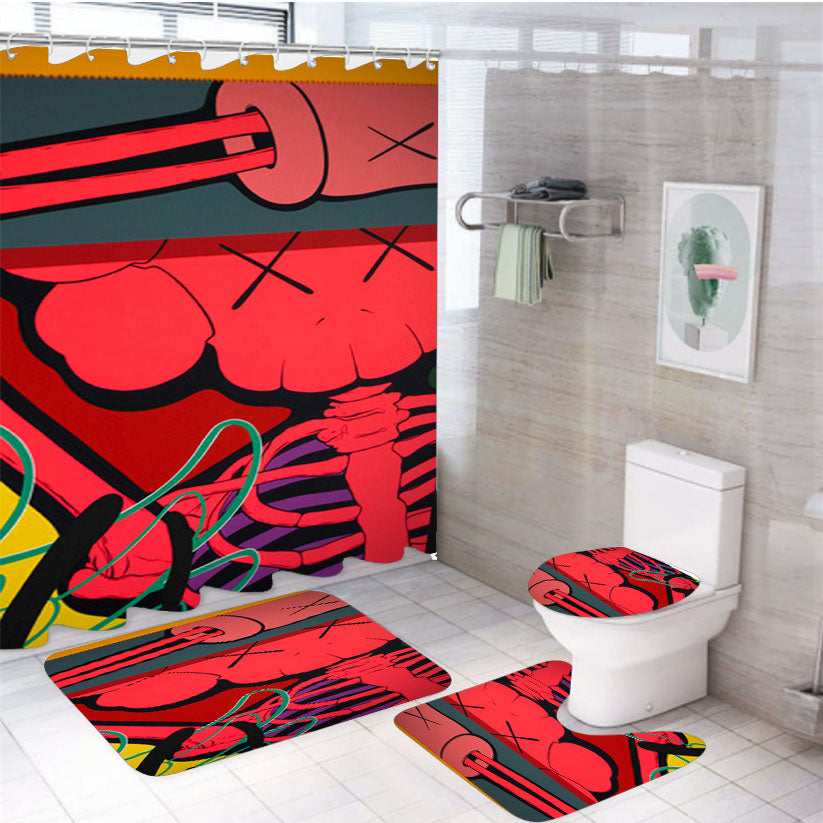 Kaws Mural Color Red 4Pcs Bathroom Set Shower Curtain