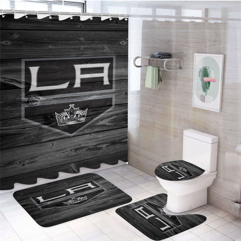 Los Angeles Kings Logo Dark Wood Wallpaper 4Pcs Bathroom Set Shower Curtain
