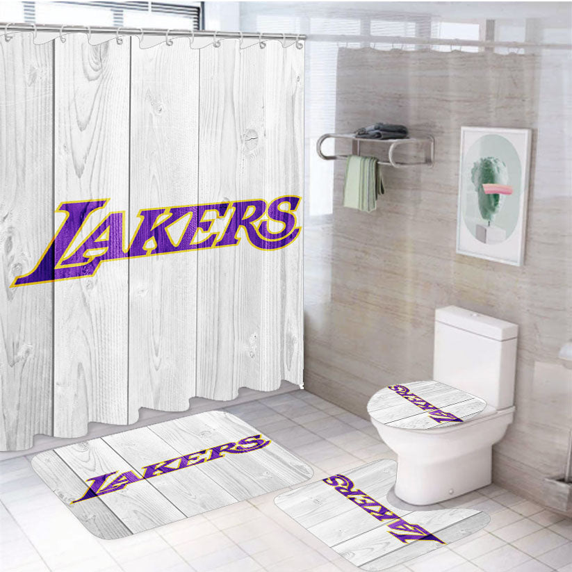 Los Angeles Lakers Nba Logo White Wood W 4Pcs Bathroom Set Shower Curtain