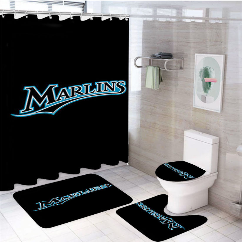 Marlins Baseball Logo Black 4Pcs Bathroom Set Shower Curtain
