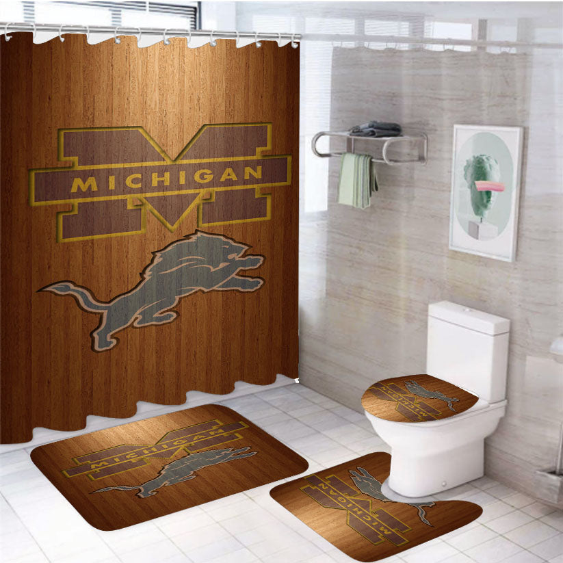 Michigan Lions Logo Wood Wallpaper 4Pcs Bathroom Set Shower Curtain