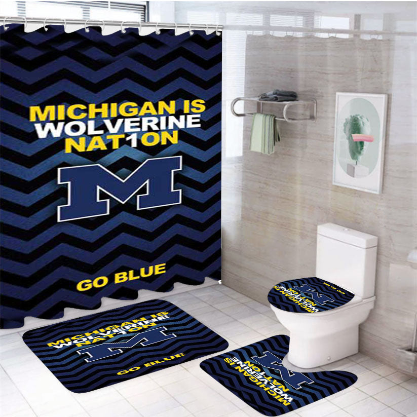 Michigan Wolverines Logo Stripes Go Blue 4Pcs Bathroom Set Shower Curtain