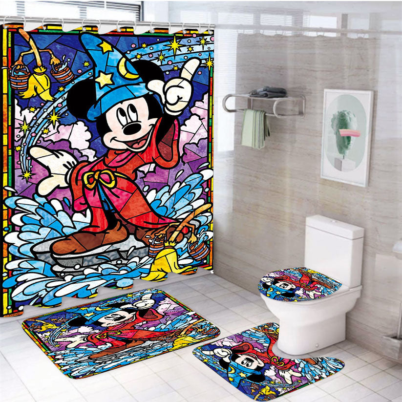 Mickey Mouse Stained Glass 4Pcs Bathroom Set Shower Curtain