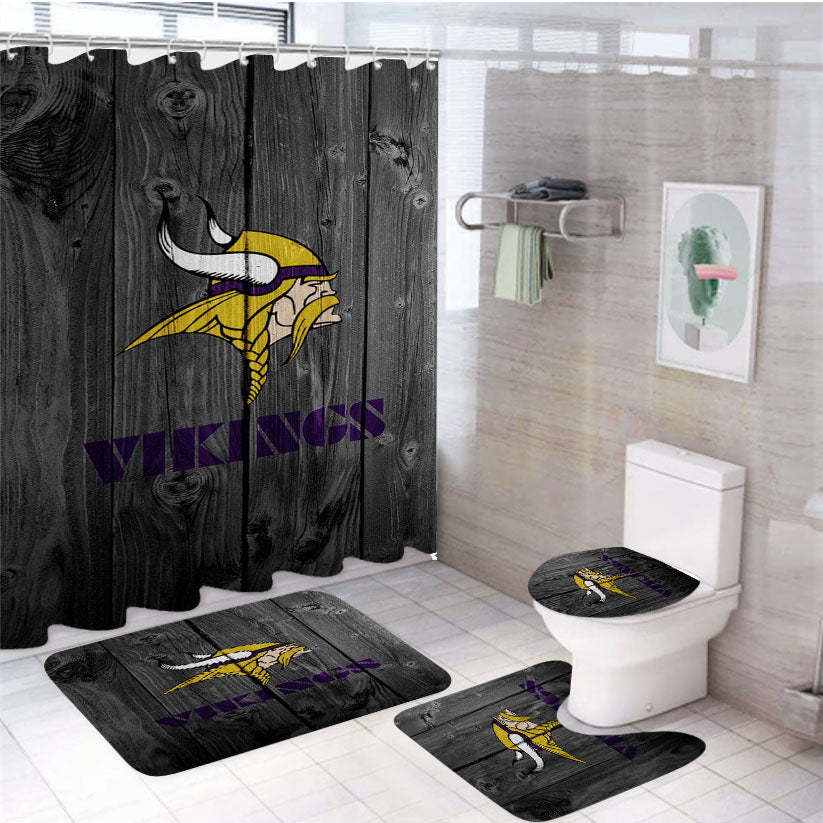 Minnesota Vikings Nfl Logo Dark Wood Wallpaper 4Pcs Bathroom Set Shower Curtain