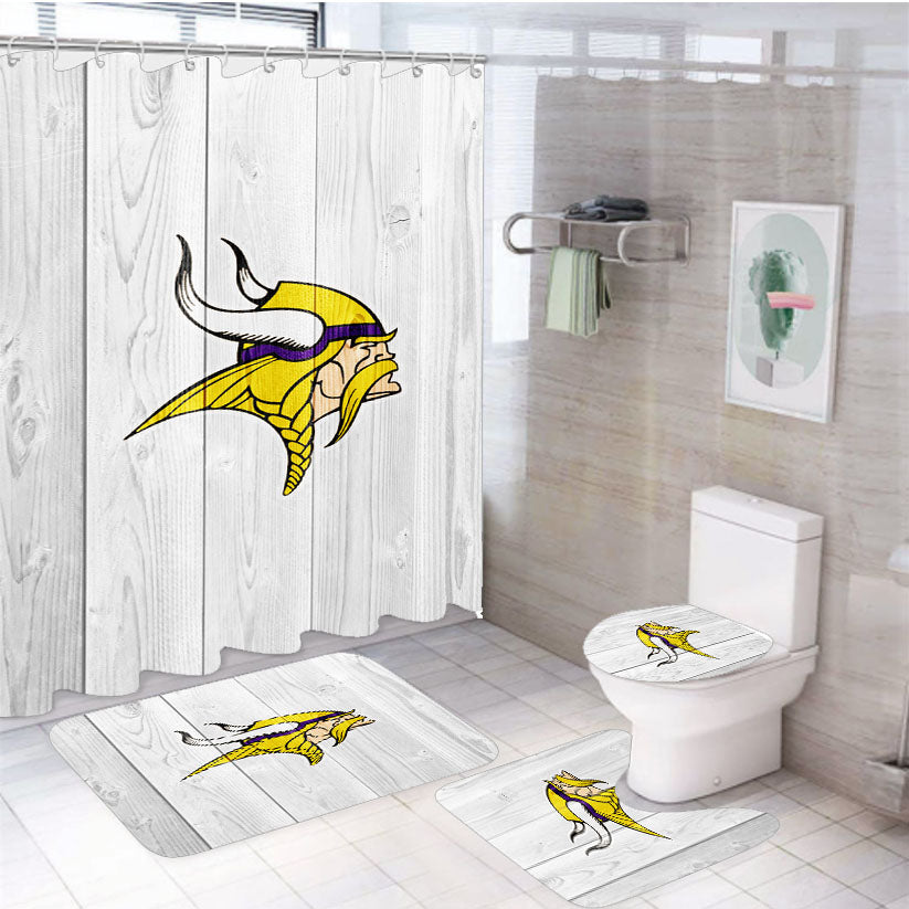 Minnesota Vikings Nfl Logo White Wood 4Pcs Bathroom Set Shower Curtain