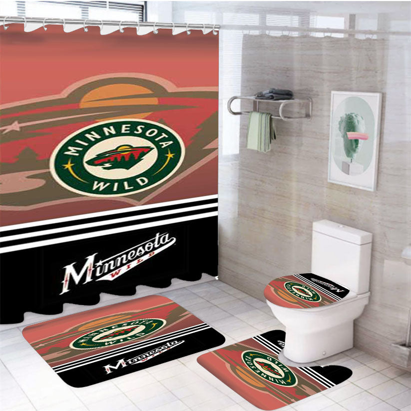 Minnesota Wild Logos Stripes Red Fade 4Pcs Bathroom Set Shower Curtain