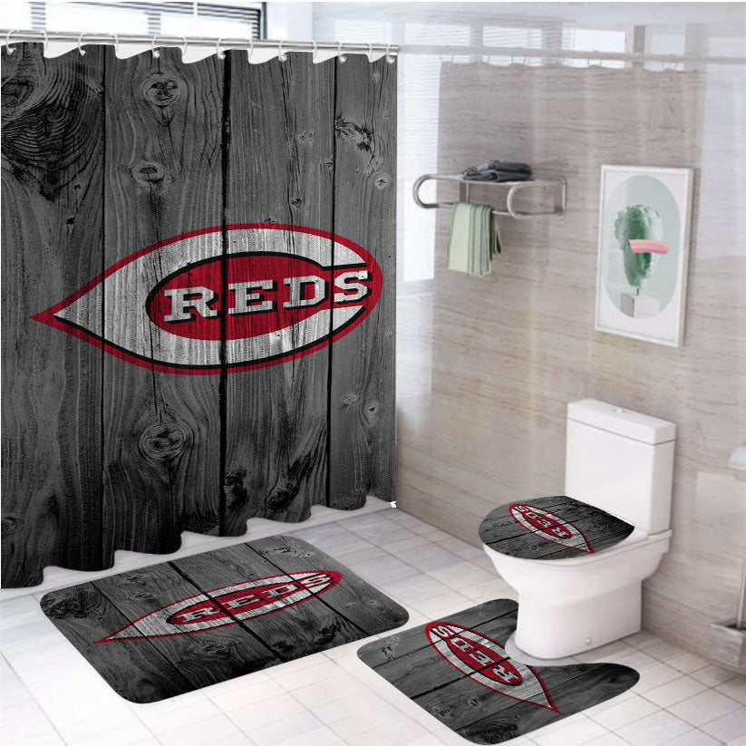 New Cincinnati Reds Mlb Logo Dark Wood Wallpaper 4Pcs Bathroom Set Shower Curtain