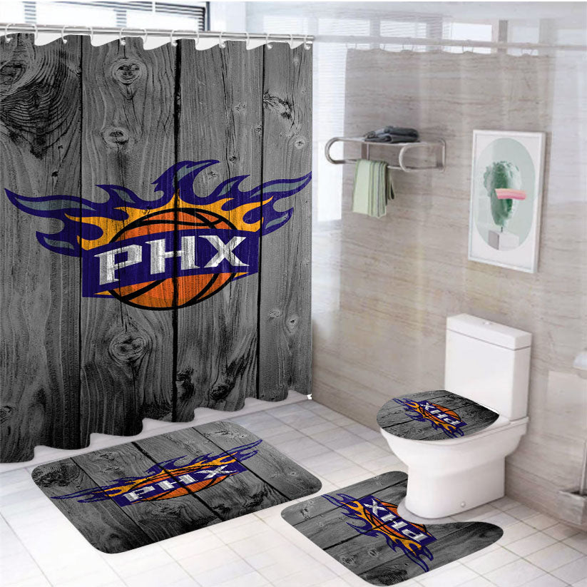 New Phoenix Suns Nba Logo Dark Wood Wallpaper 4Pcs Bathroom Set Shower Curtain