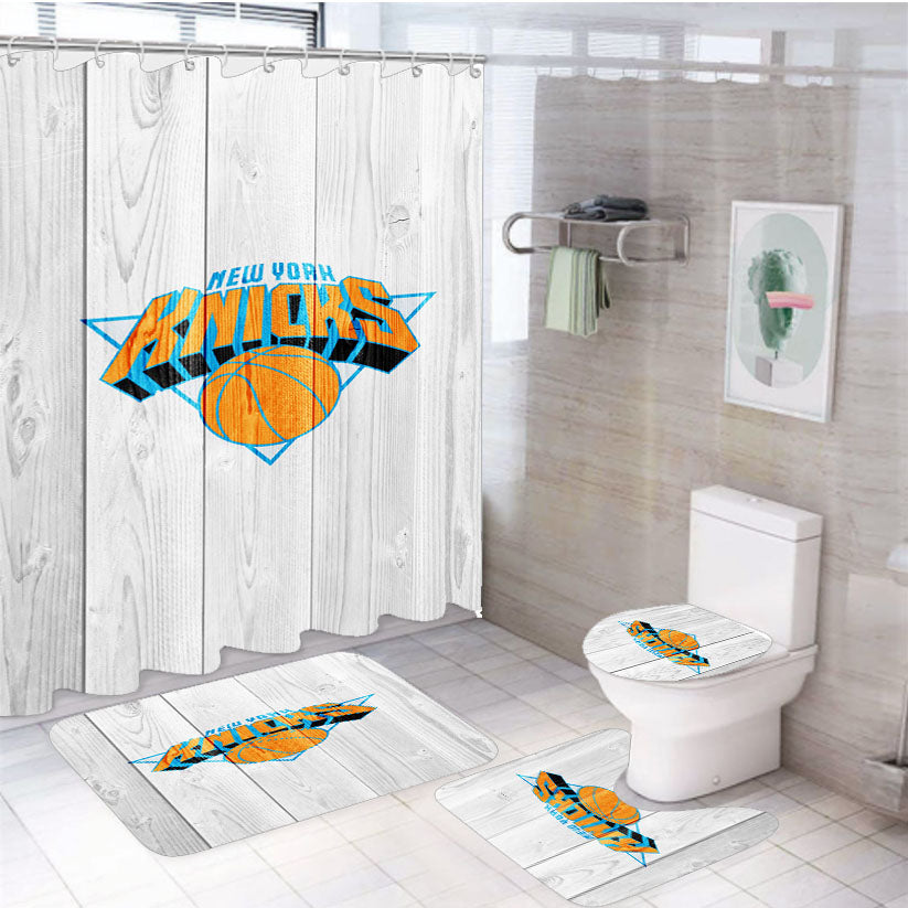 New York Knicks Nba Logo White Wood Wallpaper 4Pcs Bathroom Set Shower Curtain