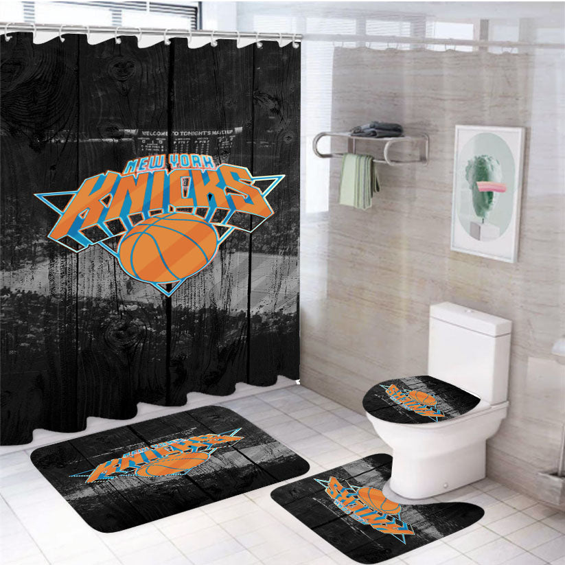 New York Knicks Stadium Logo Dark Wood Wallpaper 4Pcs Bathroom Set Shower Curtain