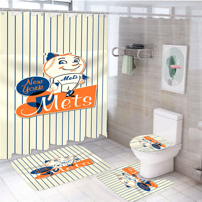 New York Mets Logo Baseball 4Pcs Bathroom Set Shower Curtain