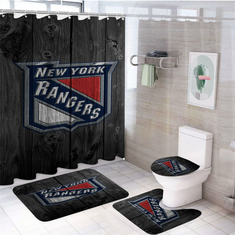 New York Rangers Nhl Logo Dark Wood 4Pcs Bathroom Set Shower Curtain