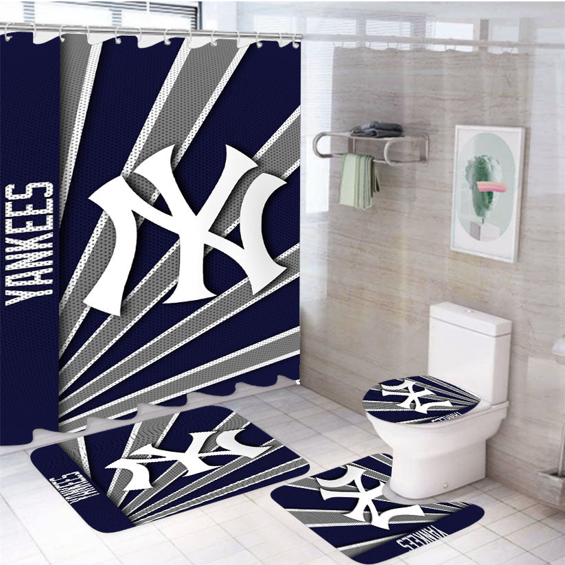 New York Yankees Classic Stripe Wallpaper 4Pcs Bathroom Set Shower Curtain
