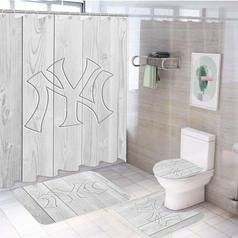 New York Yankees Embossed Logo Wood Wallpaper 4Pcs Bathroom Set Shower Curtain