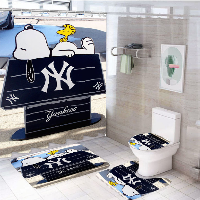 New York Yankees Logos And Uniforms Snoopy 4Pcs Bathroom Set Shower Curtain