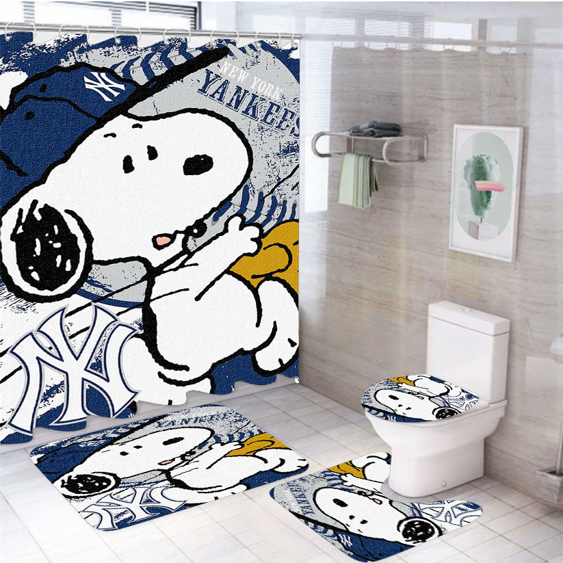 New York Yankees Snoopy 4Pcs Bathroom Set Shower Curtain