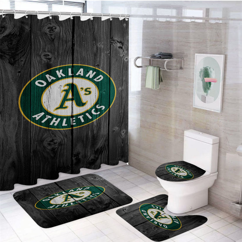 Oakland Athletics Logo Dark Wood Wallpaper 4Pcs Bathroom Set Shower Curtain