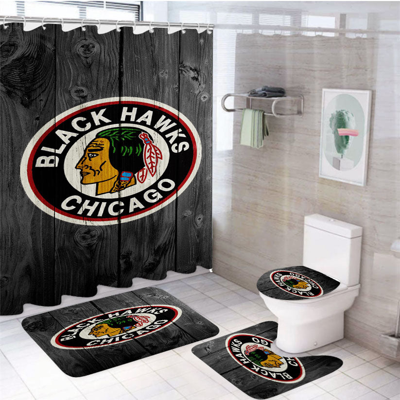 Old Chicago Blackhawks Nhl Logo Dark Wood Wallpaper 4Pcs Bathroom Set Shower Curtain