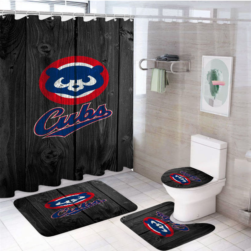 Old Chicago Cubs Bear Mlb Logo Dark Wood 4Pcs Bathroom Set Shower Curtain
