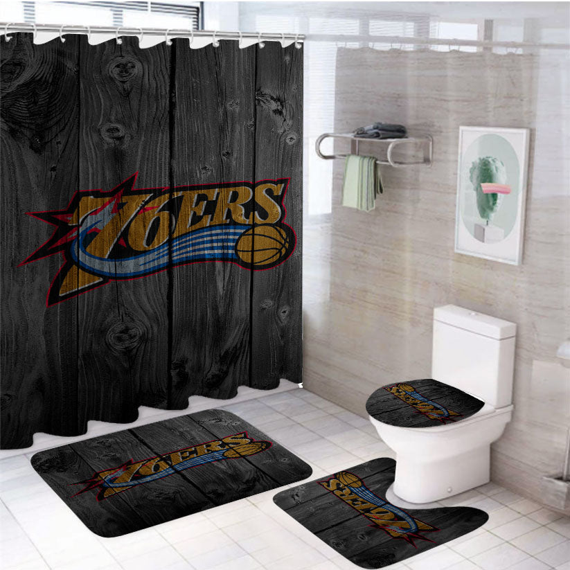 Old Nba Philadelphia 76Ers Logo Dark Wood Wallpaper 4Pcs Bathroom Set Shower Curtain